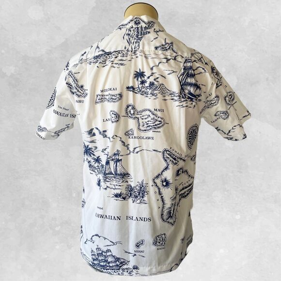 Vintage Shoreline Hawaiian Shirt Hawaii Islands Blue/White Map Print - Men's M - Picture 5 of 6